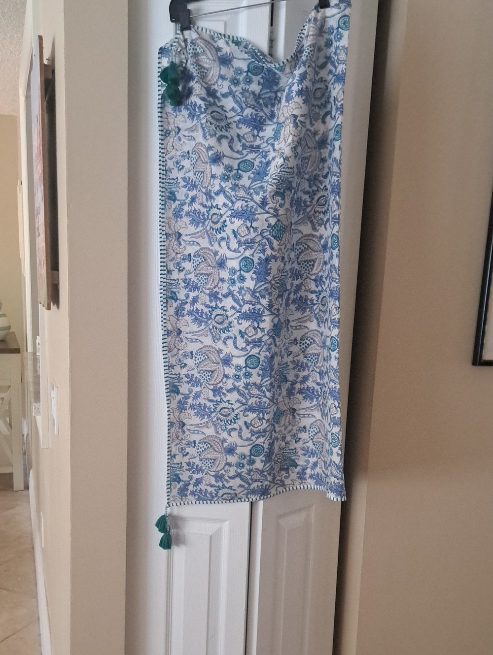 Roberta Roller Rabbit Floral Block Print Scarf Blue/Green w Tassel Detail LNWOT